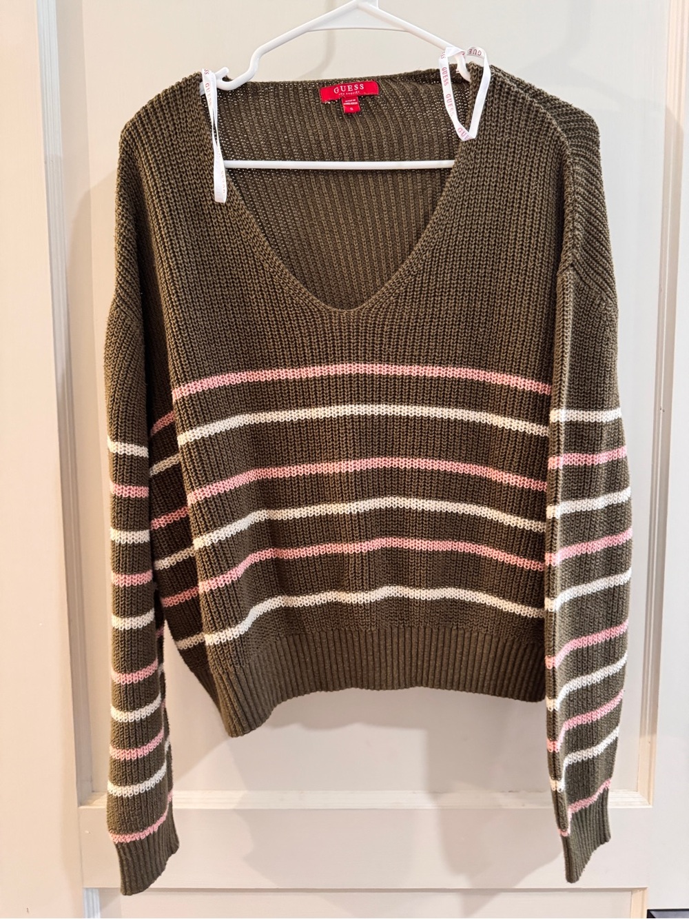 Guess Olive Crewneck Sweater with Pink & Cream Stripes